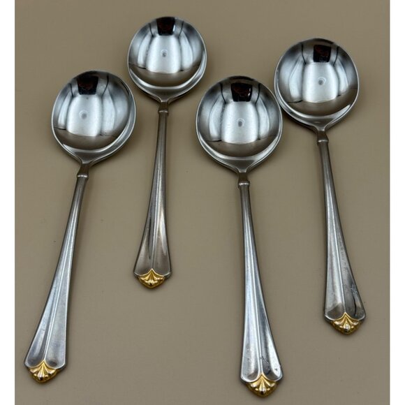 Set Of 4 Oneida Golden Juilliard Round Bowl Soup Spoons Stainless Gold Accent - Picture 1 of 9